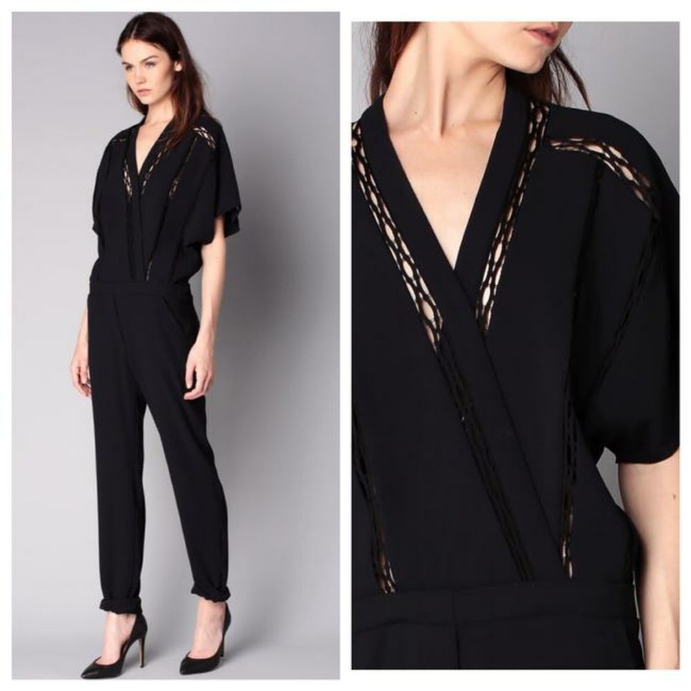 IRO Black Boyles Guipure Lace Paneled Crepe Jumpsuit Size 40 Large